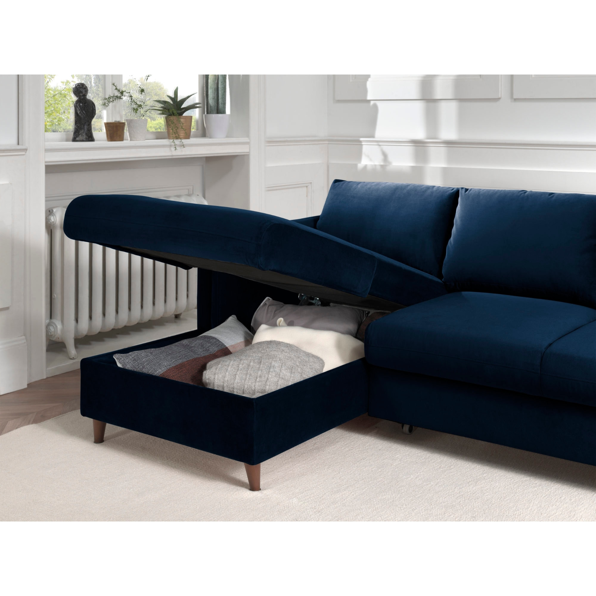 Brooke - canapé d'angle gauche - convertible avec coffre - 4 places - en velours - Bleu nuit