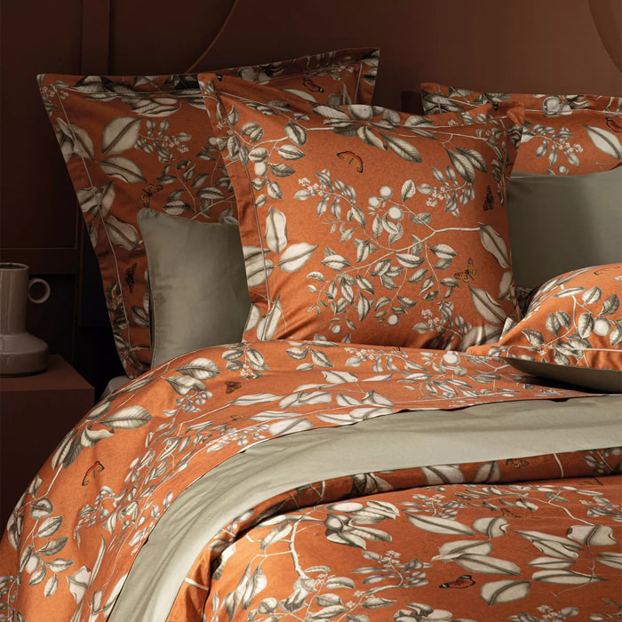 Drap plat satin de coton imprimé orange Fleurs d'oranger rouille