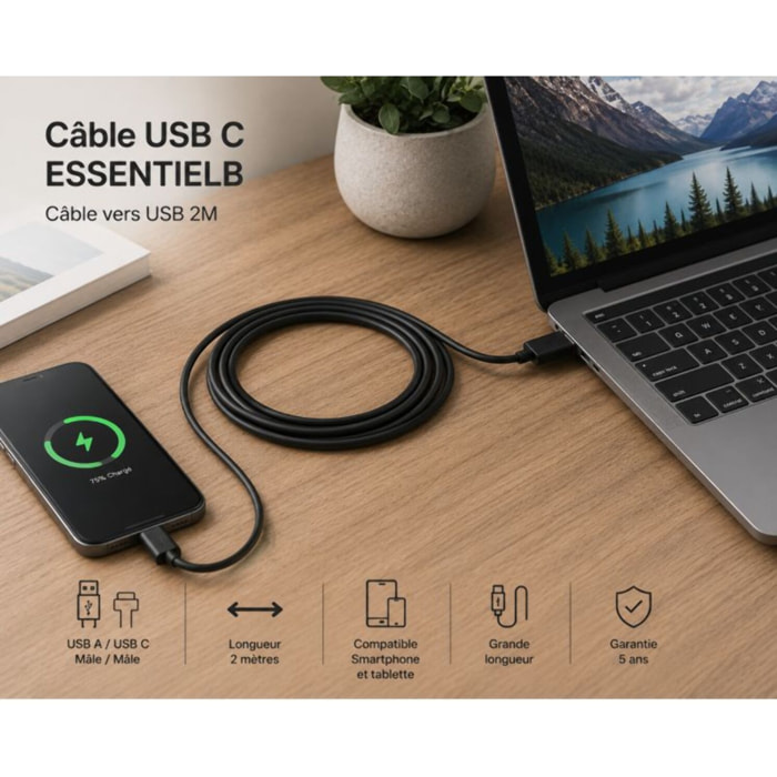 Câble USB C ESSENTIELB Câble vers USB 2M Noir compatible iPhone 17 16 15 Pro Max, Samsung Galaxy S25 S24 Ultra