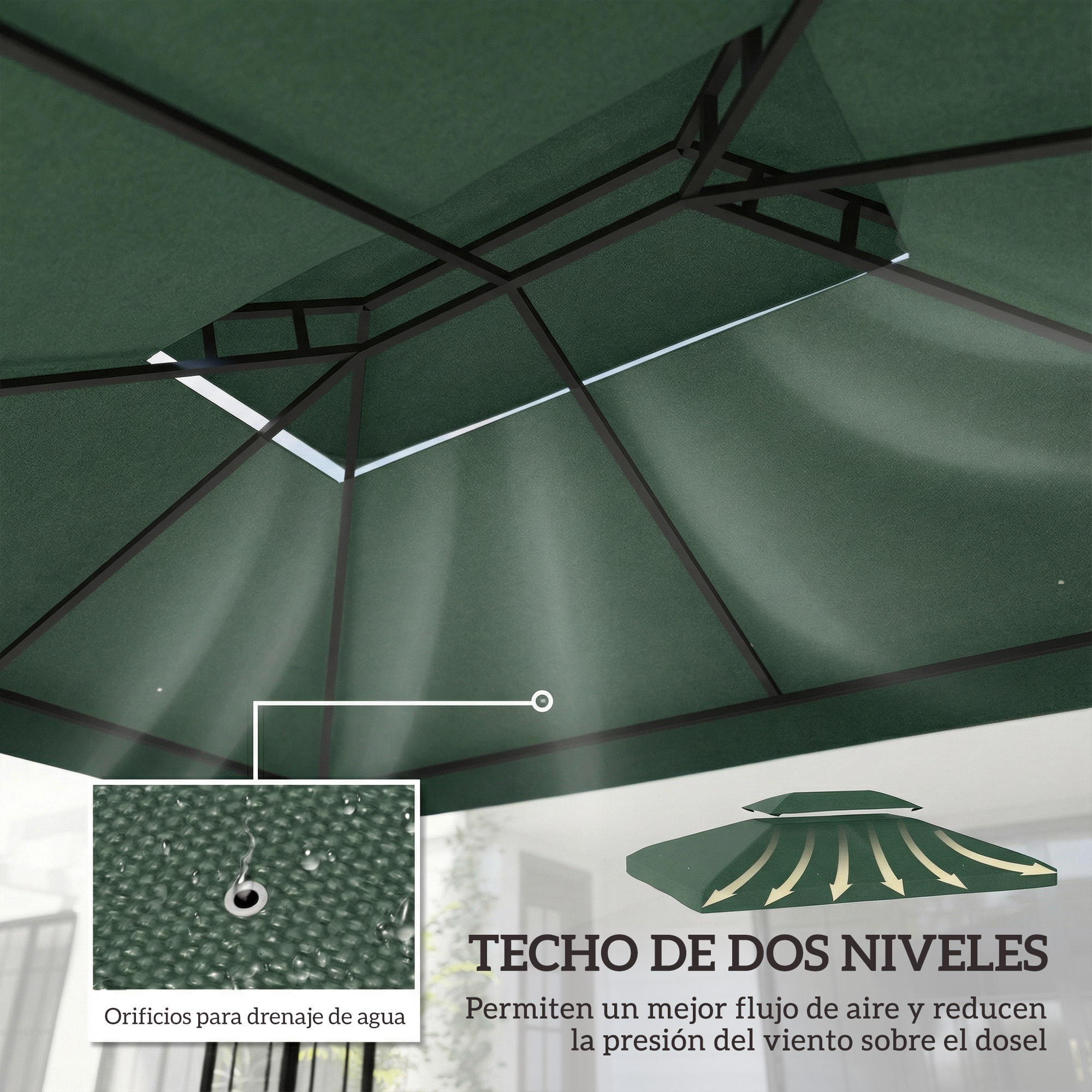 Techo de Repuesto para Cenador, 4x3 m, Cubierta de Repuesto con Techo Doble, 10 Orificios de Drenaje y Protección UV, SOLO Toldo de Recambio para Pabellón Gazebo, Verde