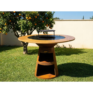 Barbecue rond avec plaque de cuisson et de gril en acier et planche en bois