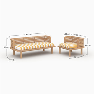 Canapé et fauteuil de jardin 3 places en teck massif, tissu rayé jaune - Kilda