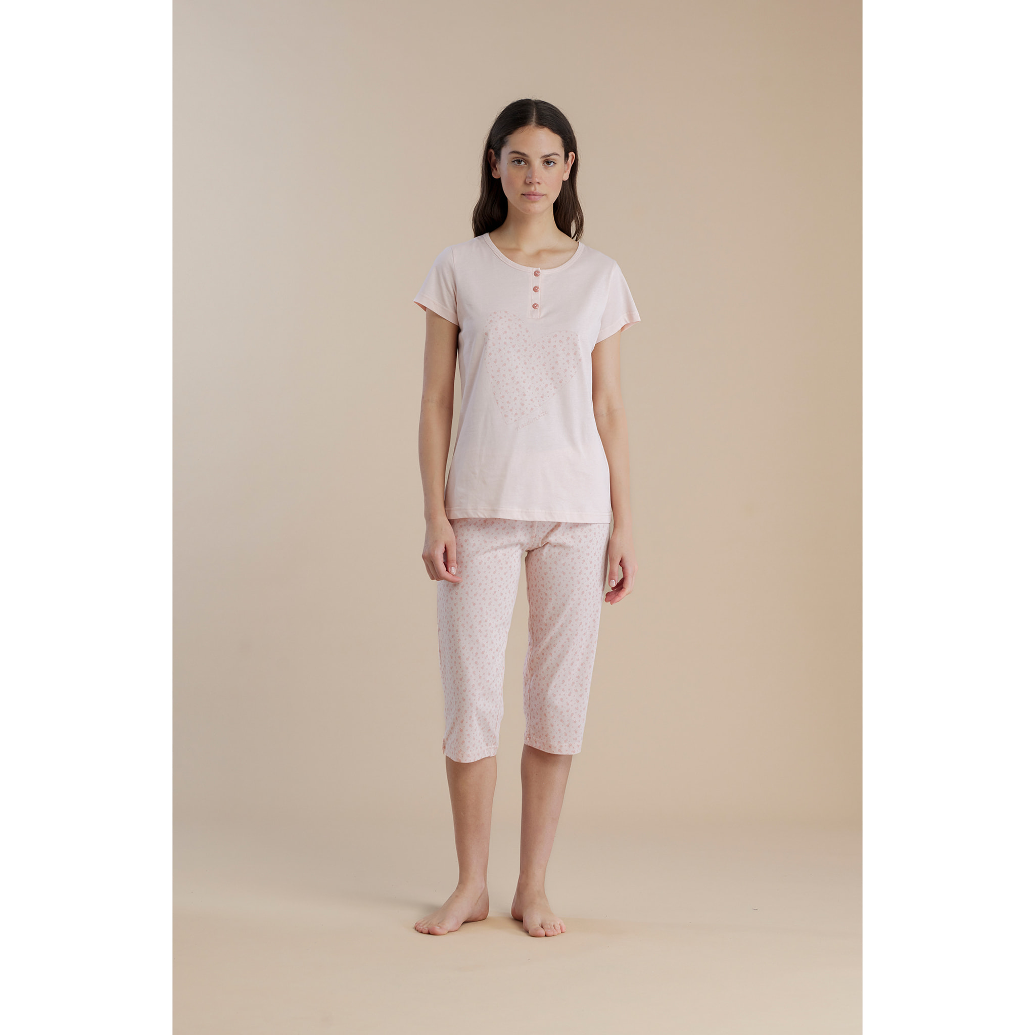Pigiama donna in cotone top collo tre bottoni e pantalone pescatore articolo little flower Noidinotte