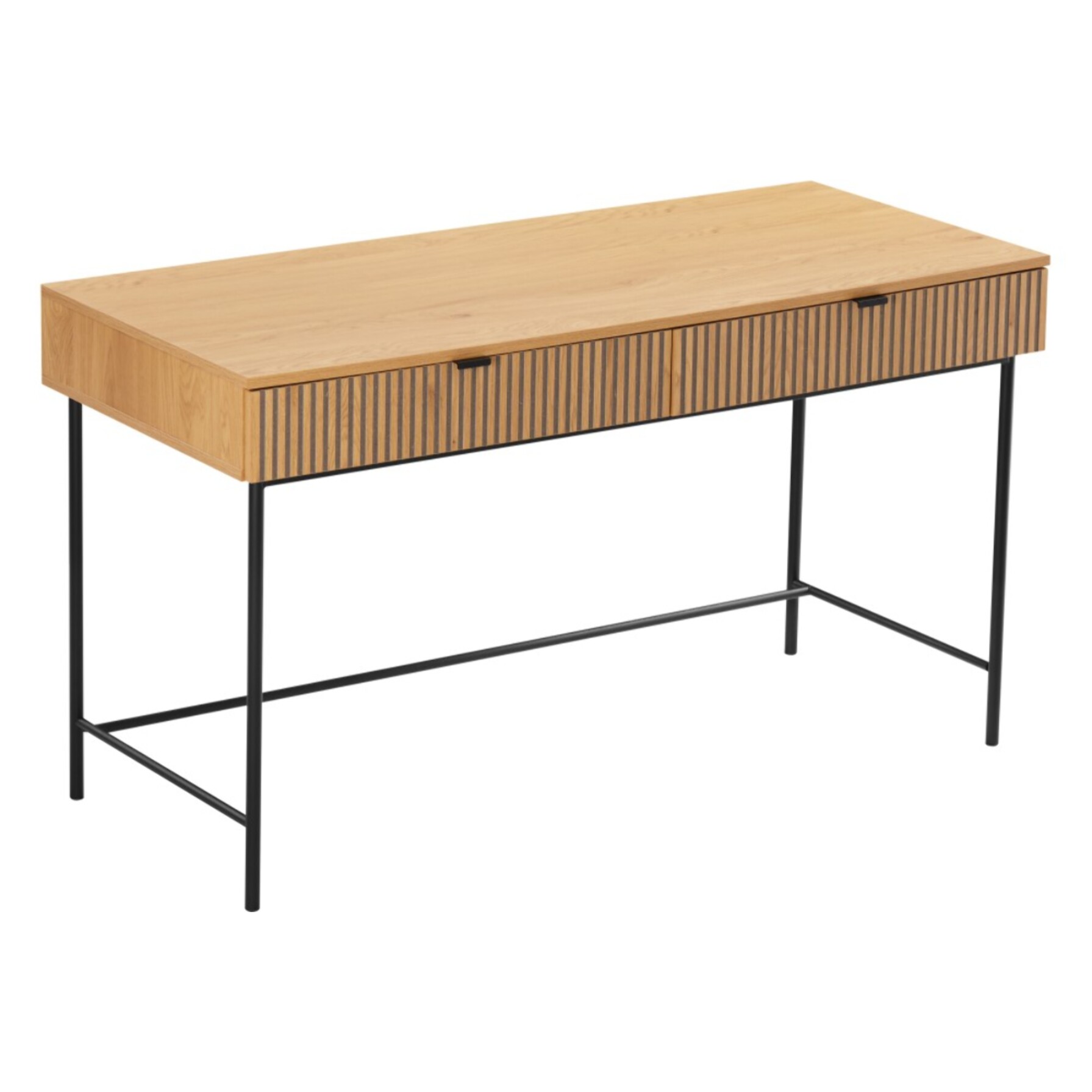SCOTT - Bureau 2 tiroirs décor effet bois rainuré noir et naturel