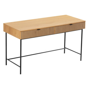 SCOTT - Bureau 2 tiroirs décor effet bois rainuré noir et naturel