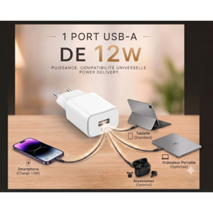 Chargeur ESSENTIELB 12W USB-A Blanc compatible iPhone 17 16 15 Pro Max et Samsung Galaxy