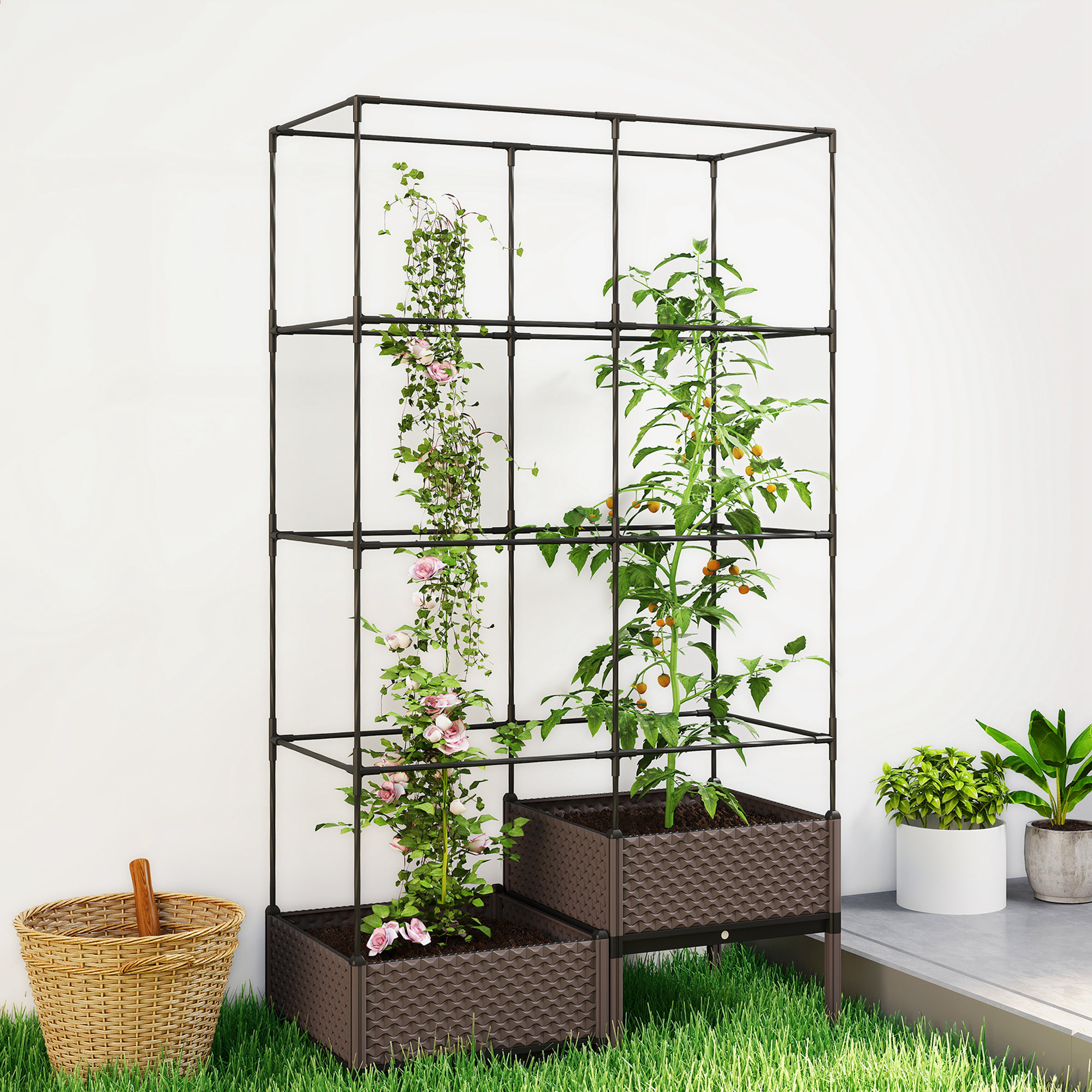 Jardinera con Enrejado Metálico, Jardinera Exterior Grande para Plantas Trepadoras, 2 Macetas de PP con Orificios de Drenaje, Tapones, Macetero Elevado para Jardín Patio, 100x50x174 cm, Negro