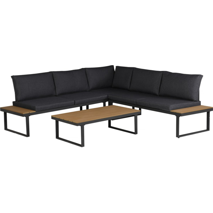 Salon de jardin canapé d'angle décor imitation bois "Fiora" - 5 places - Gris