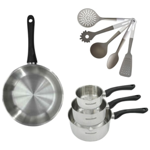 Lot Poêle et 3 Casseroles 12/16/20 cm Fackelmann Geneva avec 5 ustensiles Vario