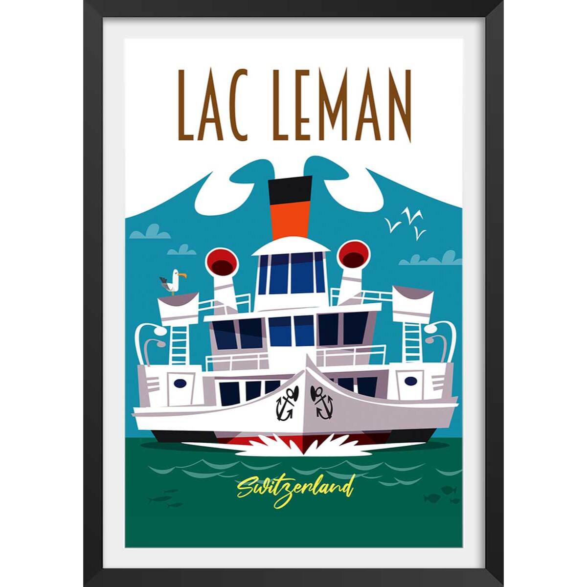 Poster de le lac leman Affiche + cadre en bois - Noir