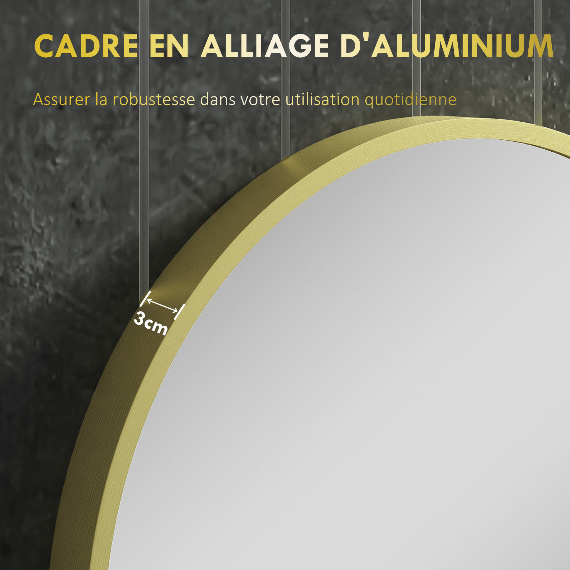 Miroir mural ovale dim. 40L x 70H cm cadre arrondi montage vertical/horizontal alu. doré