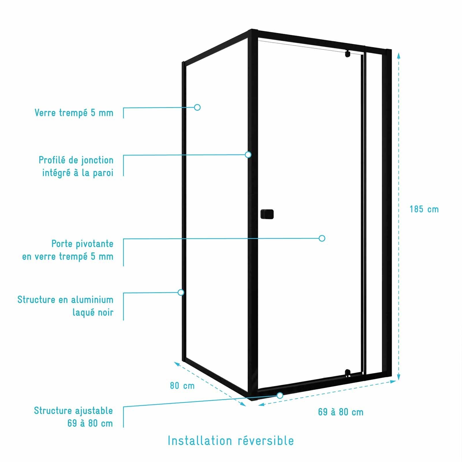 Porte de Douche Pivotante Extensible 69/80x185cm et Retour Fixe 80cm - Noir - BLACK SLIDE