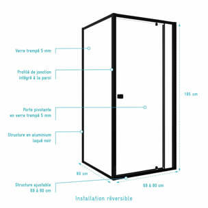 Porte de Douche Pivotante Extensible 69/80x185cm et Retour Fixe 80cm - Noir - BLACK SLIDE