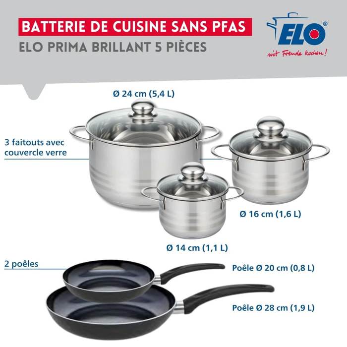 Ensemble de 2 Poêles de cuisson 20 et 28 cm et 3 faitouts 14, 16 et 24 cm Elo Prima Brillant