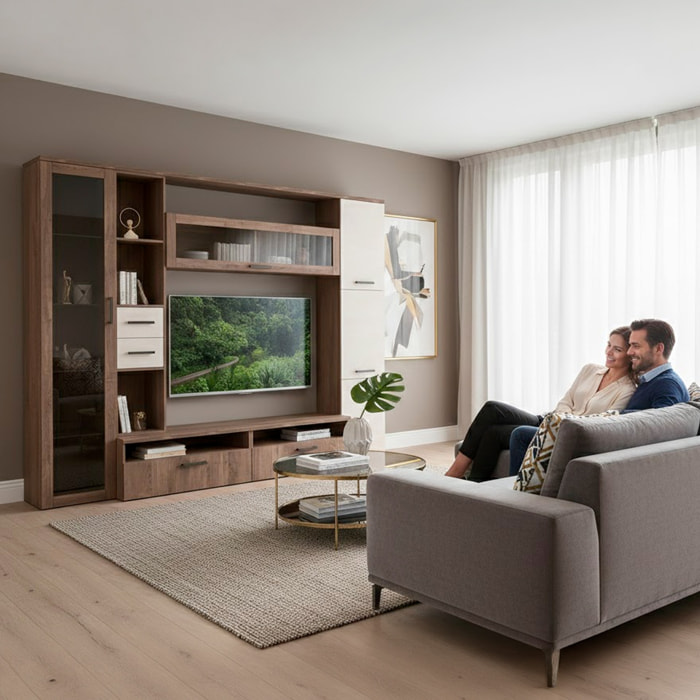 Parete Attrezzata Soggiorno Mobile Porta TV Con Vetrina E Cassetti Design Moderno Industrial Chic Con Vano TV 270 x 213 x 50 Cm Colore Noce Spatolato