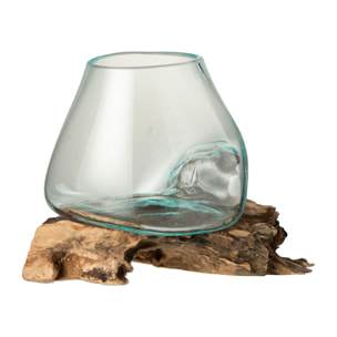 J-Line vase Sur Pied Gamal - bois/verre Recyclé - naturel/transparent - large - Ø 16 cm