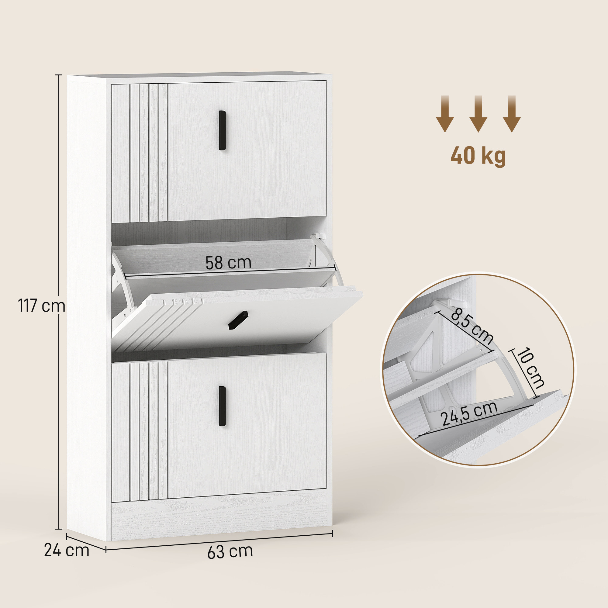 Meuble à chaussures design Urban Craft 3 portes abattantes 3 étagères poignées métal noir aspect bois blanc