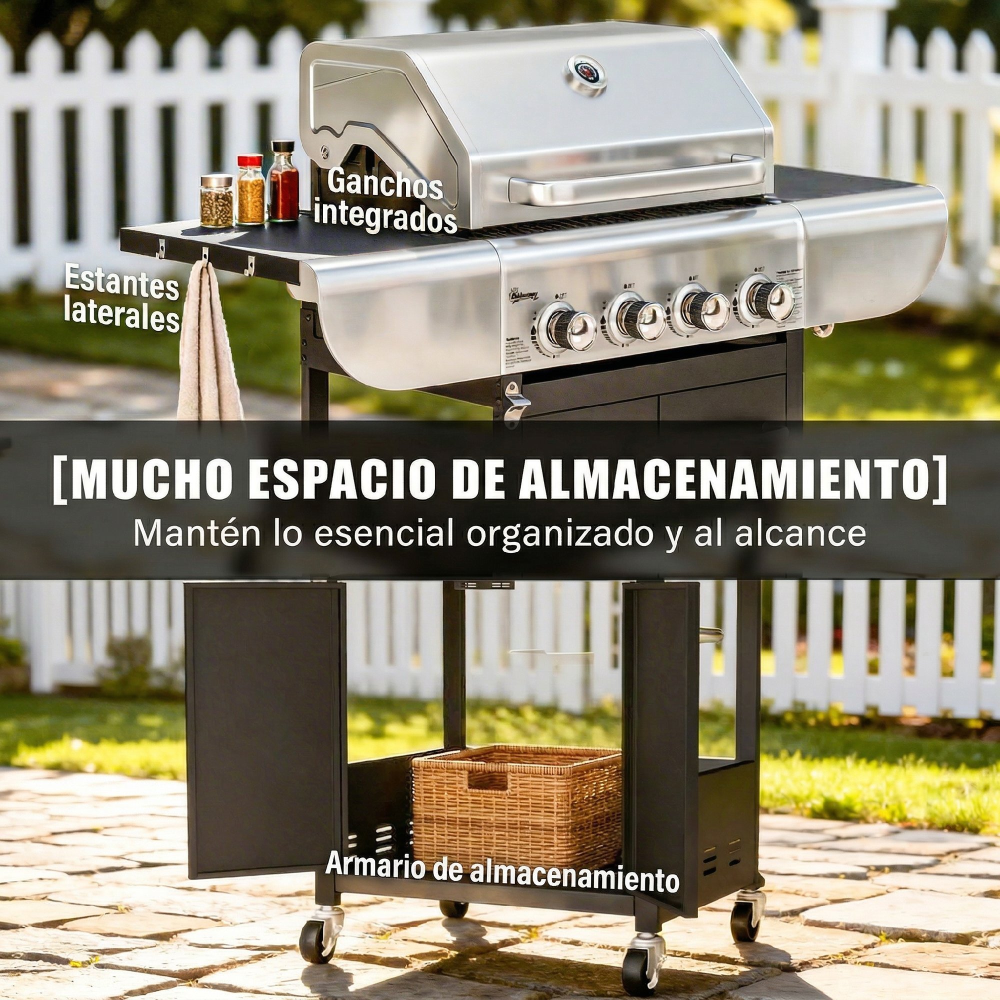 Barbacoa de Gas BBQ Gas con 4 Quemadores 12,8 kW Barbacoa Portátil con Termómetro Mesas Laterales Armario Rejilla Calentadora Acero Parrillas de Hierro Fundido Recogedor Grasa 4 Ruedas Negro