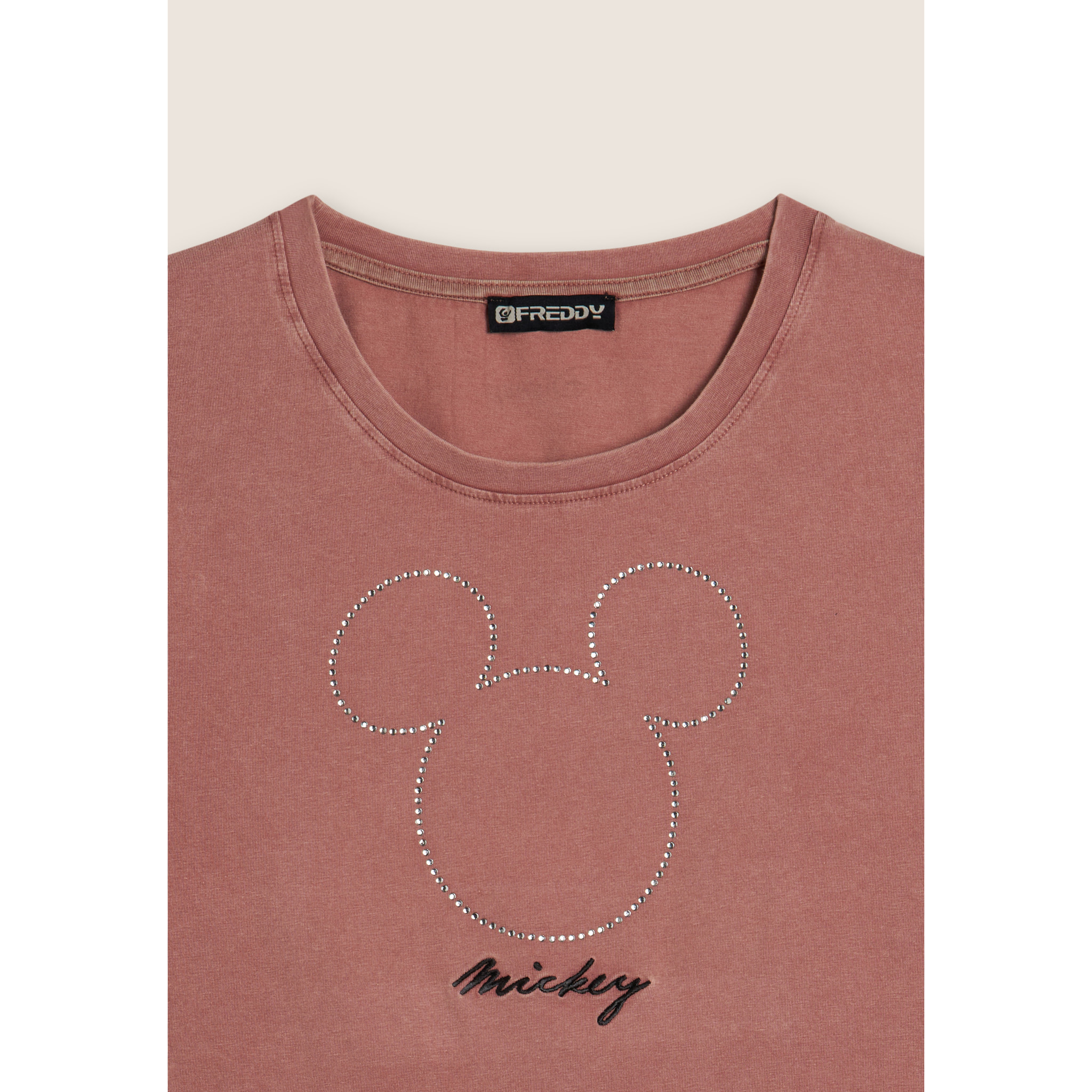T-shirt cropped da donna con Mickey Mouse in strass
