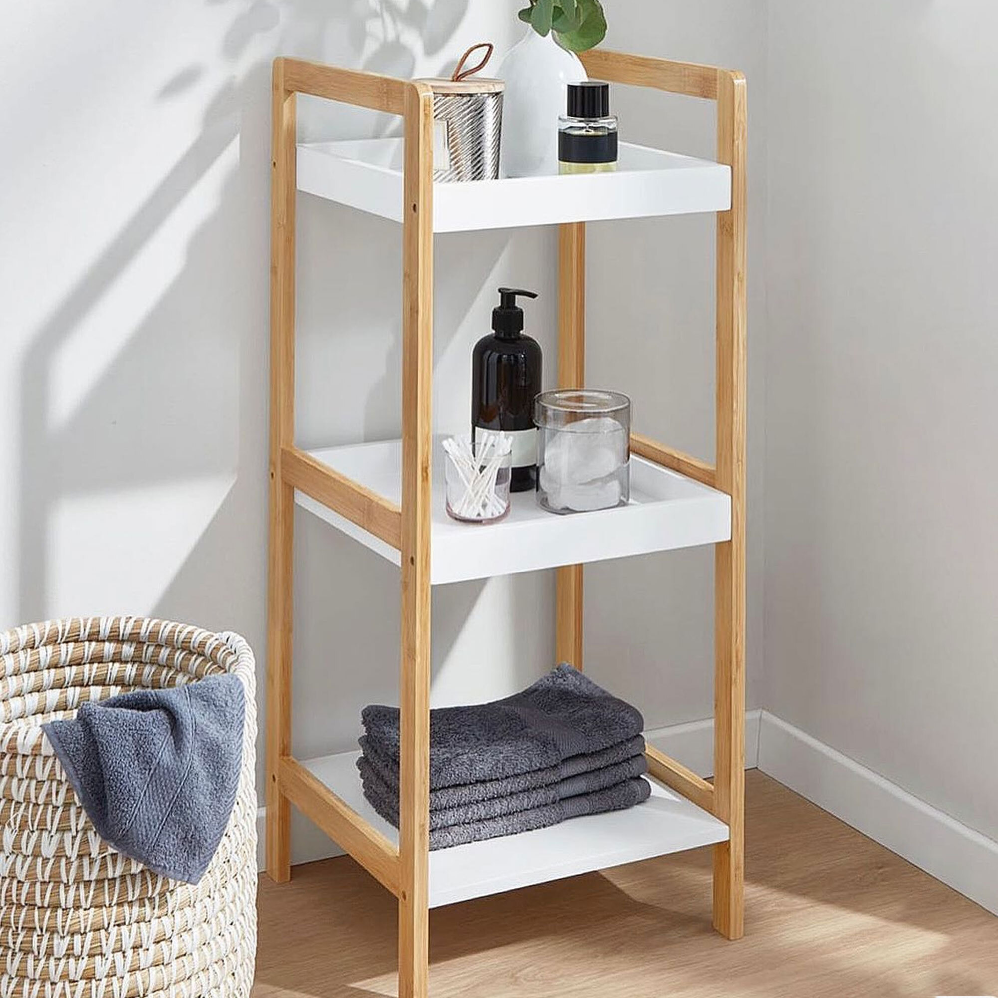 Well home estantería de baño con 3 estantes en mdf y patas de bambú h.72cm