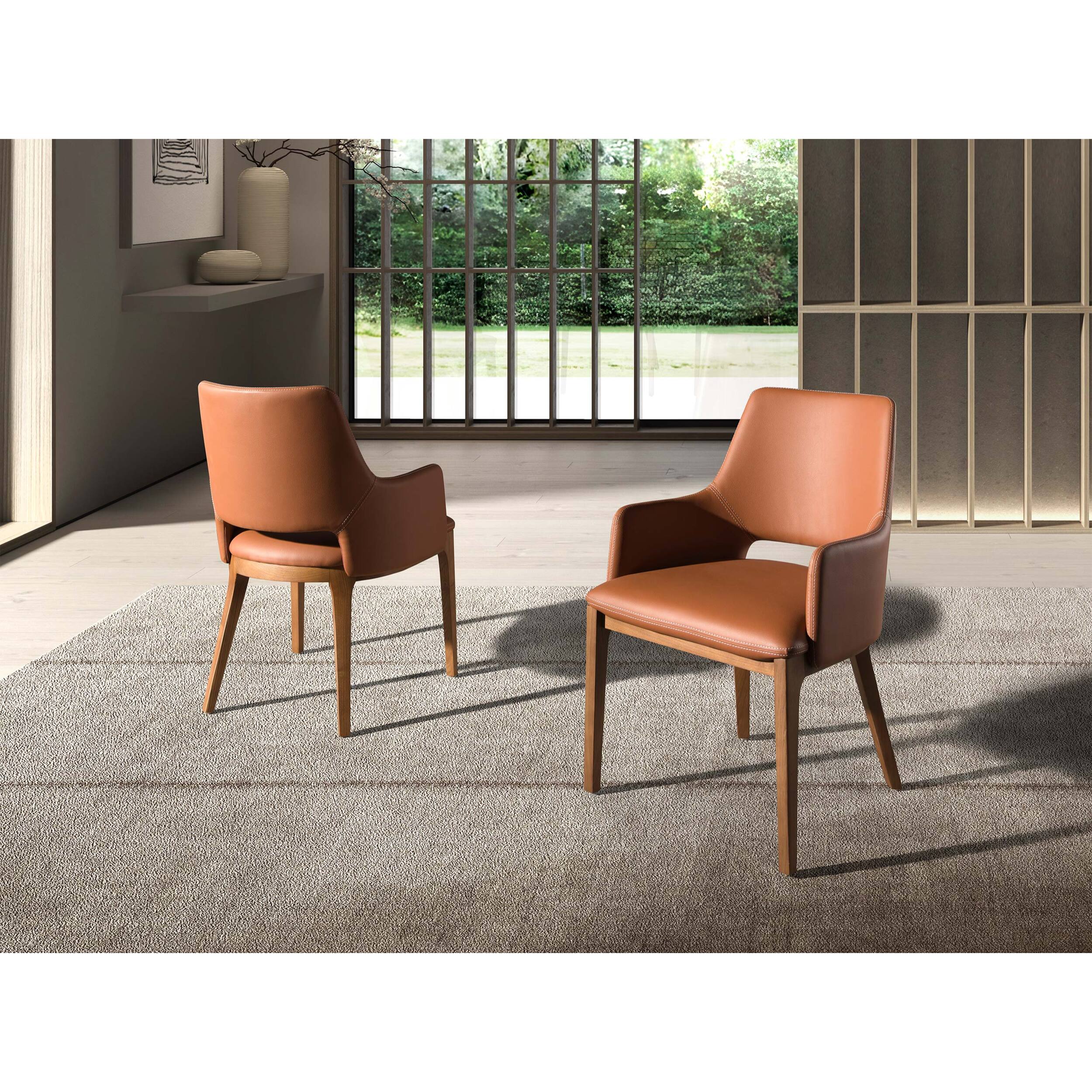 Silla con reposabrazos asiento y respaldo tapizados en polipiel marrón patas de madera chapada en nogal natural 54x61x83cm