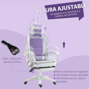Silla Gaming Ergonómica Reclinable 135°, Silla Gamer Racing de Cuero PU con Soporte Lumbar, Altura Ajustable, Reposacabezas y Reposapiés Retráctil, para Oficina, Estudio, Púrpura