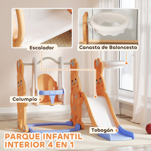 Tobogán Infantil 4 en 1 Columpio y Tobogán Trepador Aro de Baloncesto Temática de Conejo Parque Infantil para Interior y Exterior Naranja