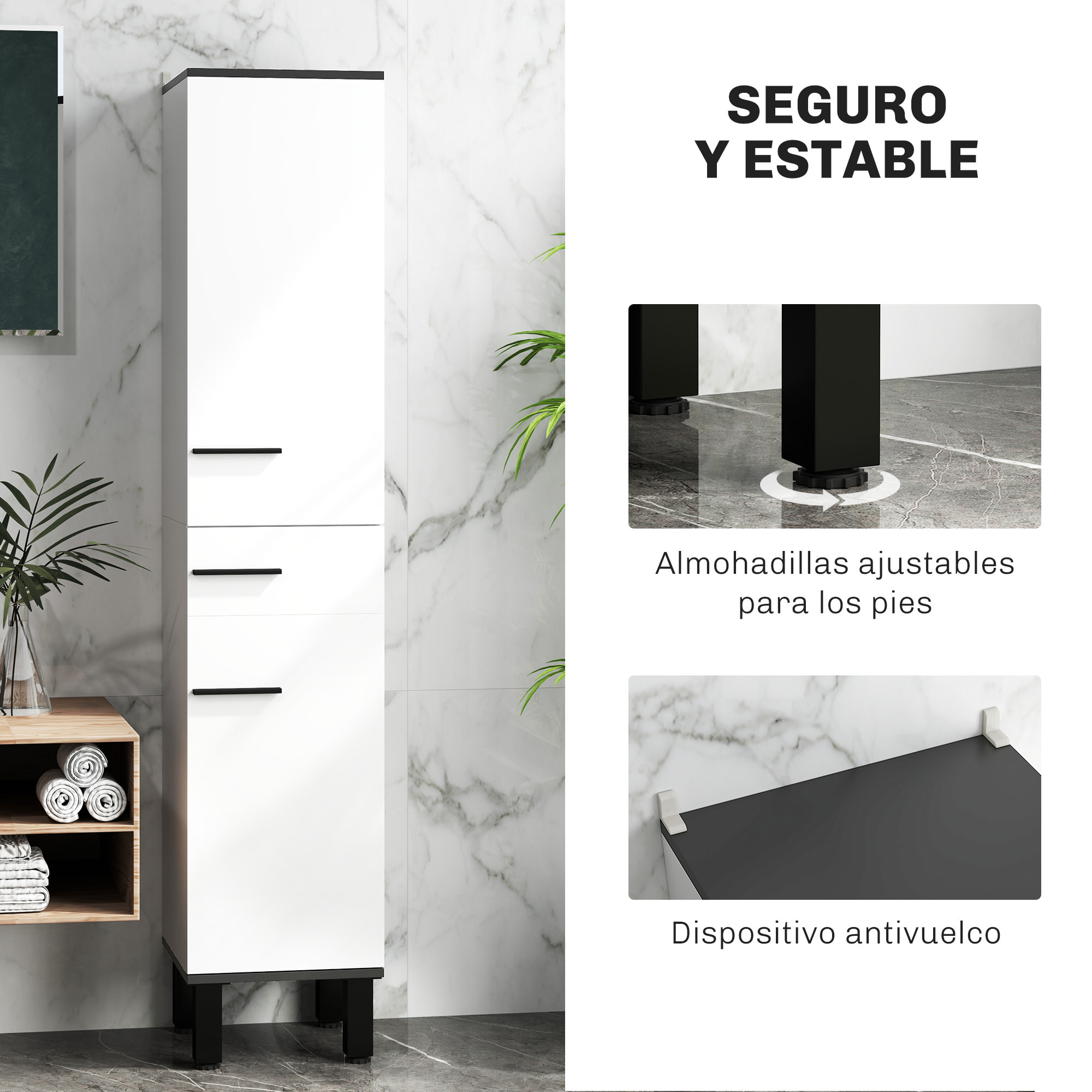 Columna de Baño Armario Alto de Baño con Cajón 2 Puertas y Estantes Ajustable Mueble Auxiliar de Baño Moderno Anti-vuelco 34x32x170 cm Blanco