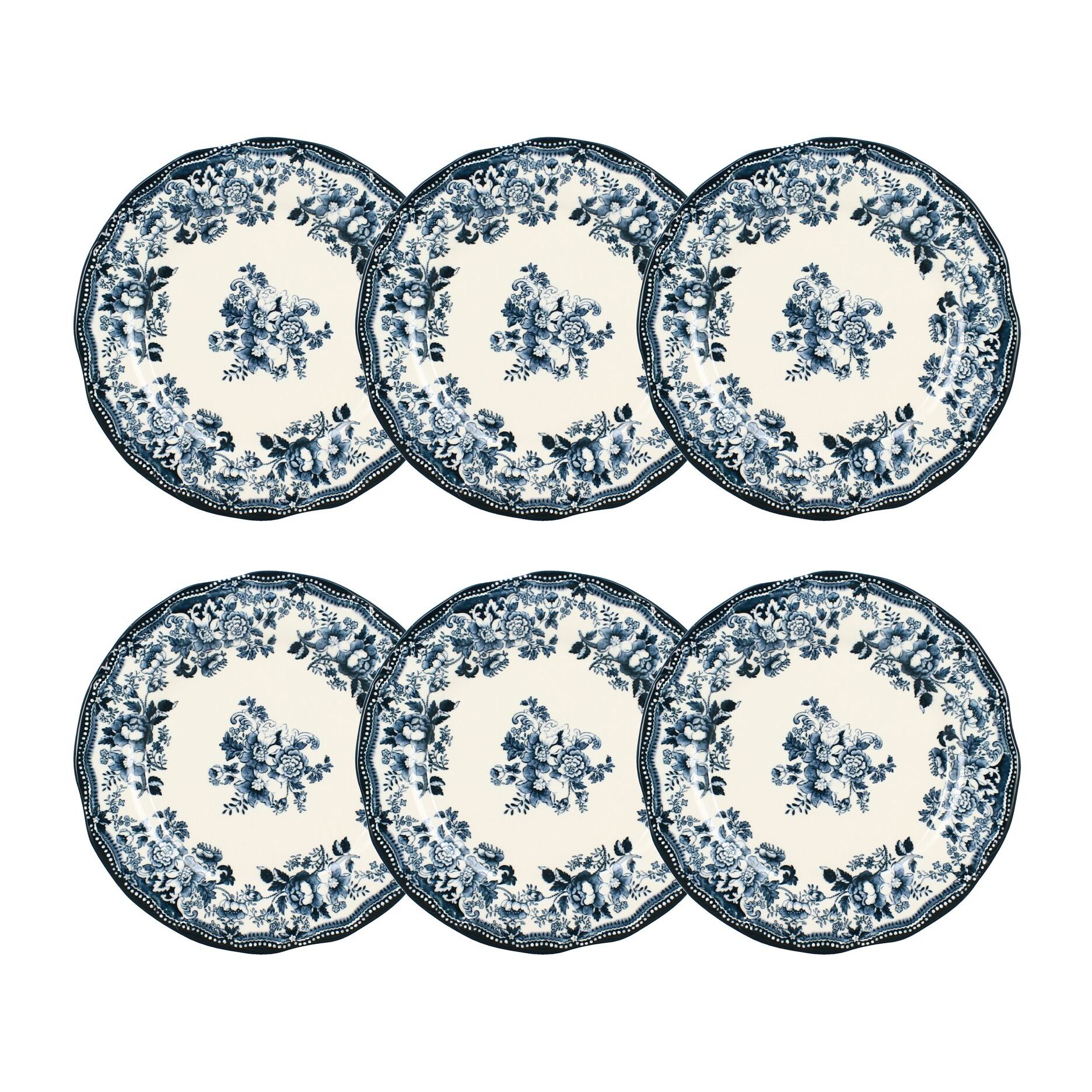Lot de 6 assiettes plates fleuries en porcelaine bleu 26cm FAUSTINE