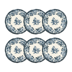 Lot de 6 assiettes plates fleuries en porcelaine bleu 26cm FAUSTINE