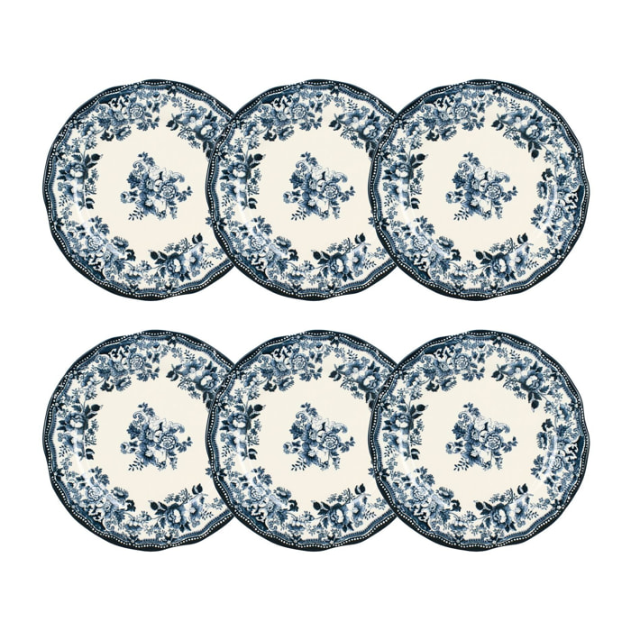 Lot de 6 assiettes plates fleuries en porcelaine bleu 26cm FAUSTINE