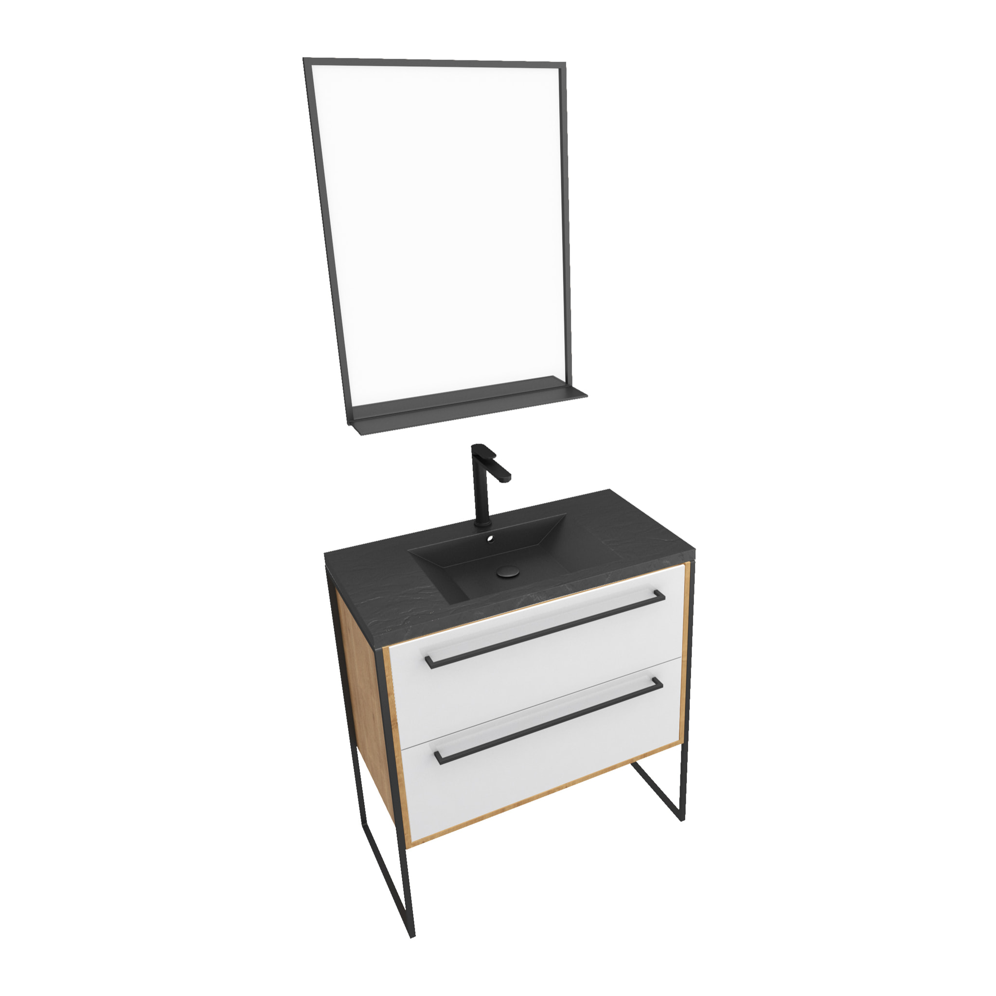 Meuble de salle de bain 80x50cm - vasque noir effet pierre 80x50cm - 2 tiroirs + miroir