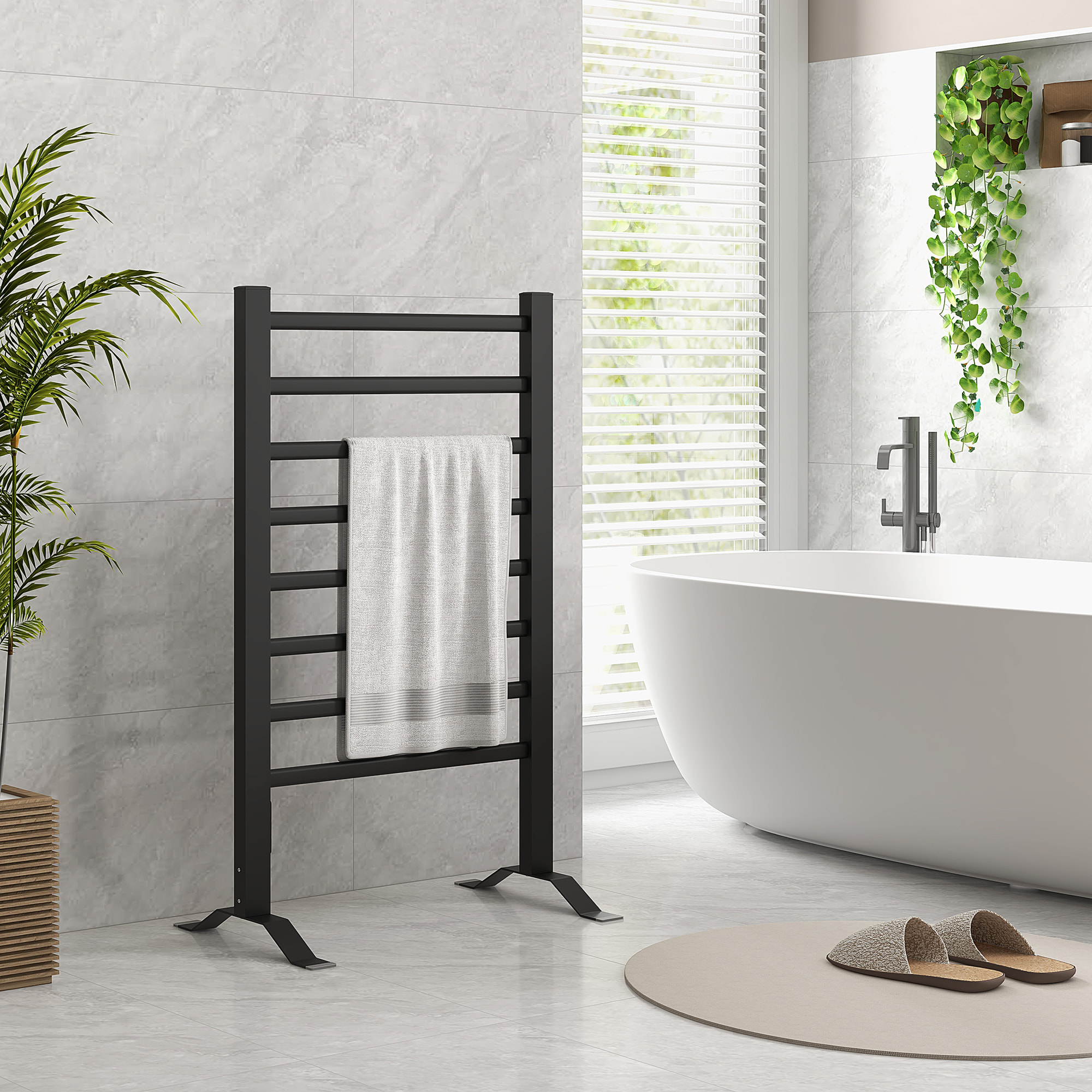 Toallero Eléctrico de Pared o Suelo 150â‚¬Â¯W Calentador de Toallas de Aleación de Aluminio con Función de Temporizador y 8 Barras para Baño 53x35x90 cm Negro