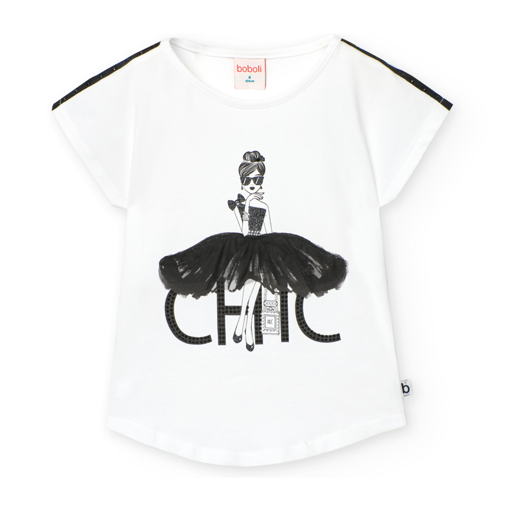 Camiseta elástica niña estampada, mangas cortas, blanco