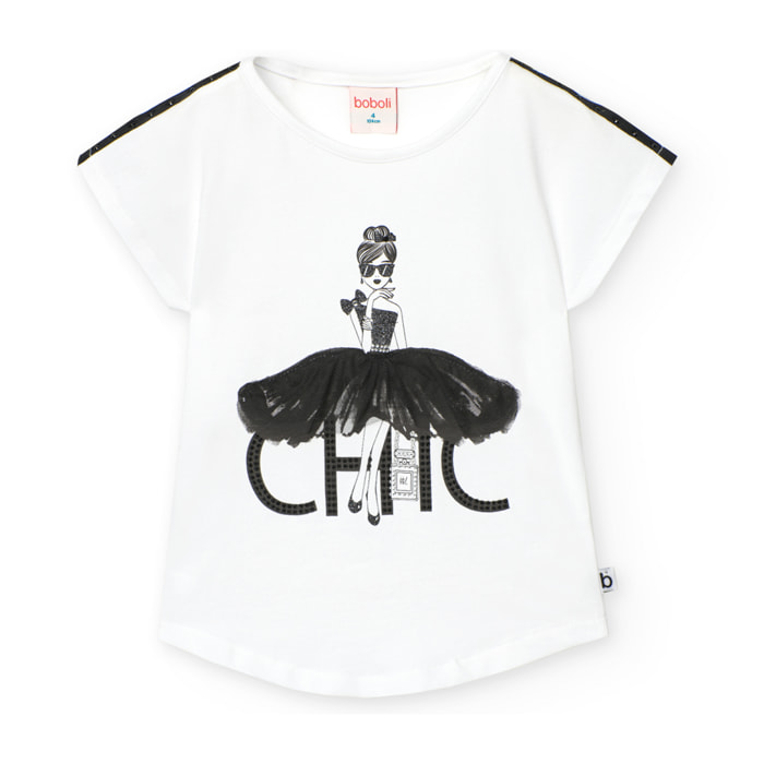 Camiseta elástica niña estampada, mangas cortas, blanco