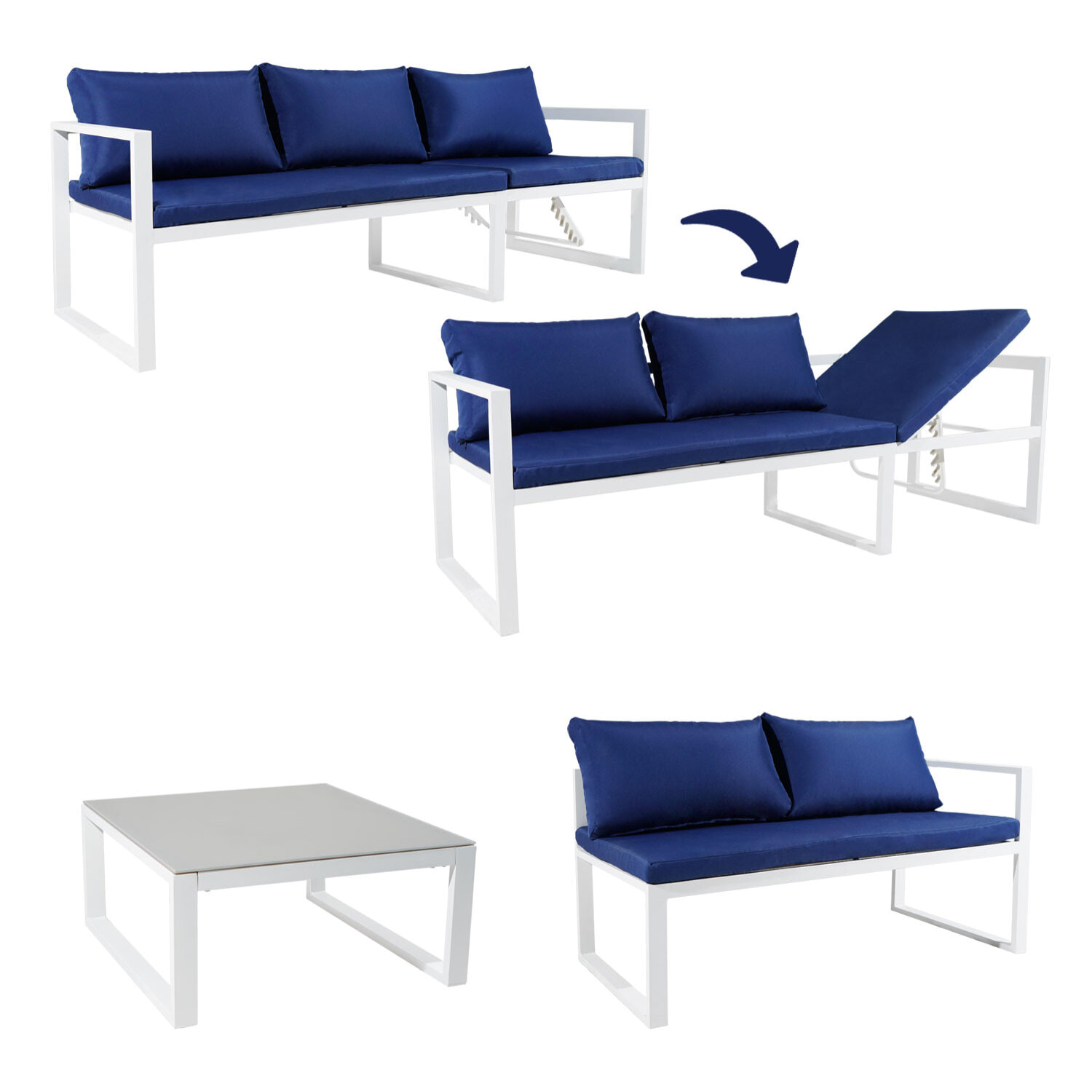 Salon de jardin modulable IBIZA en tissu bleu 4 places - aluminium blanc