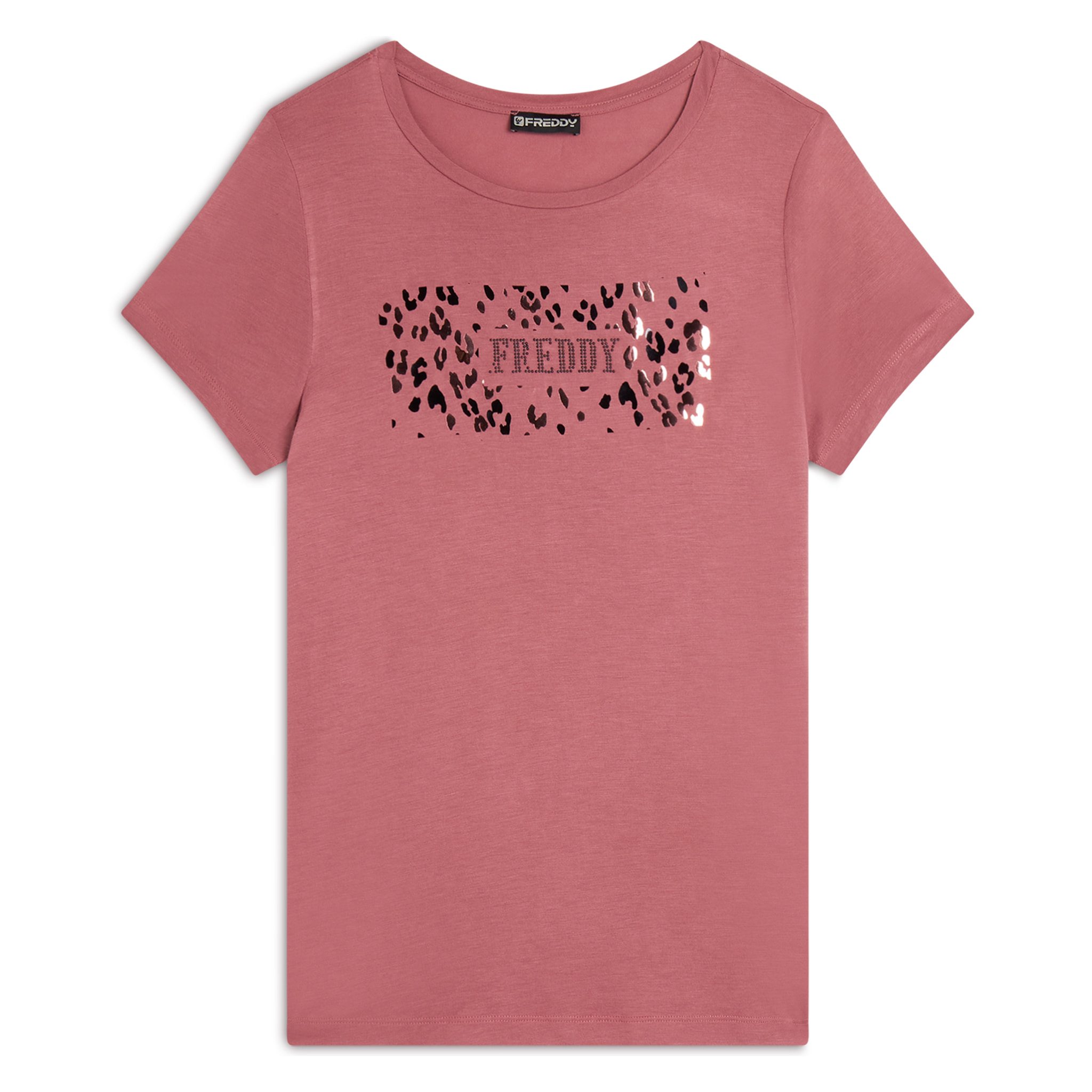T-shirt donna in jersey di viscosa con stampa oro rosa