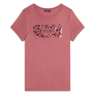 T-shirt donna in jersey di viscosa con stampa oro rosa