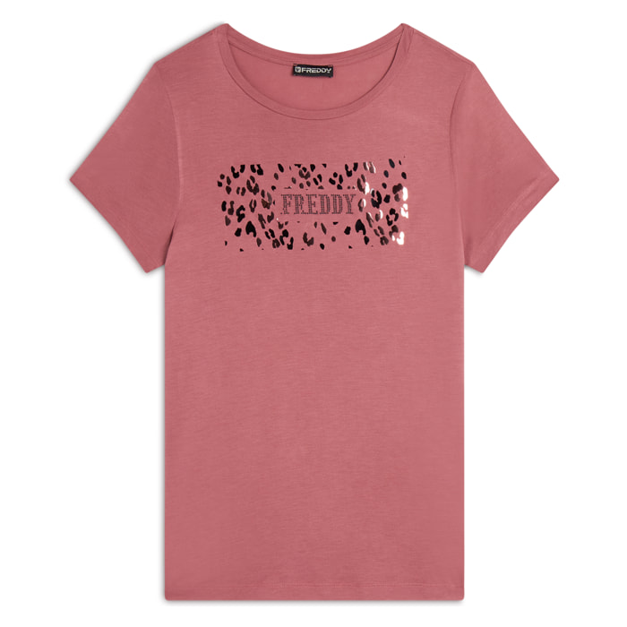 T-shirt donna in jersey di viscosa con stampa oro rosa