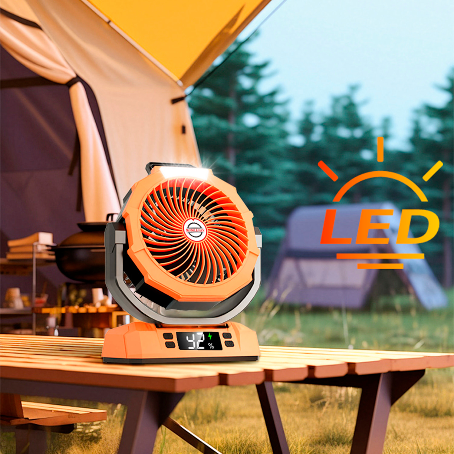 Ventilador P50 con motor sin escobillas, LED con 9 luces, 6 velocidades, 2 niveles de luz y temporizador. Ángulo ajustable de 180º con oscilación, gancho para colgar y powerbank de 20000 mAh.