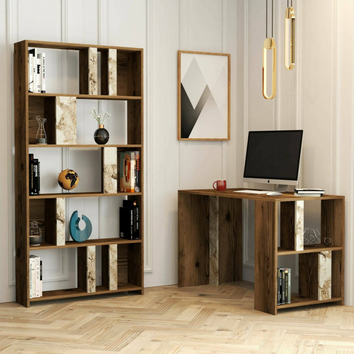 Scrivania Atene, Scrittoio multiuso, Tavolo per ufficio porta PC, Piano di lavoro, 120x60h75 cm, Noce e Bianco Marmo
