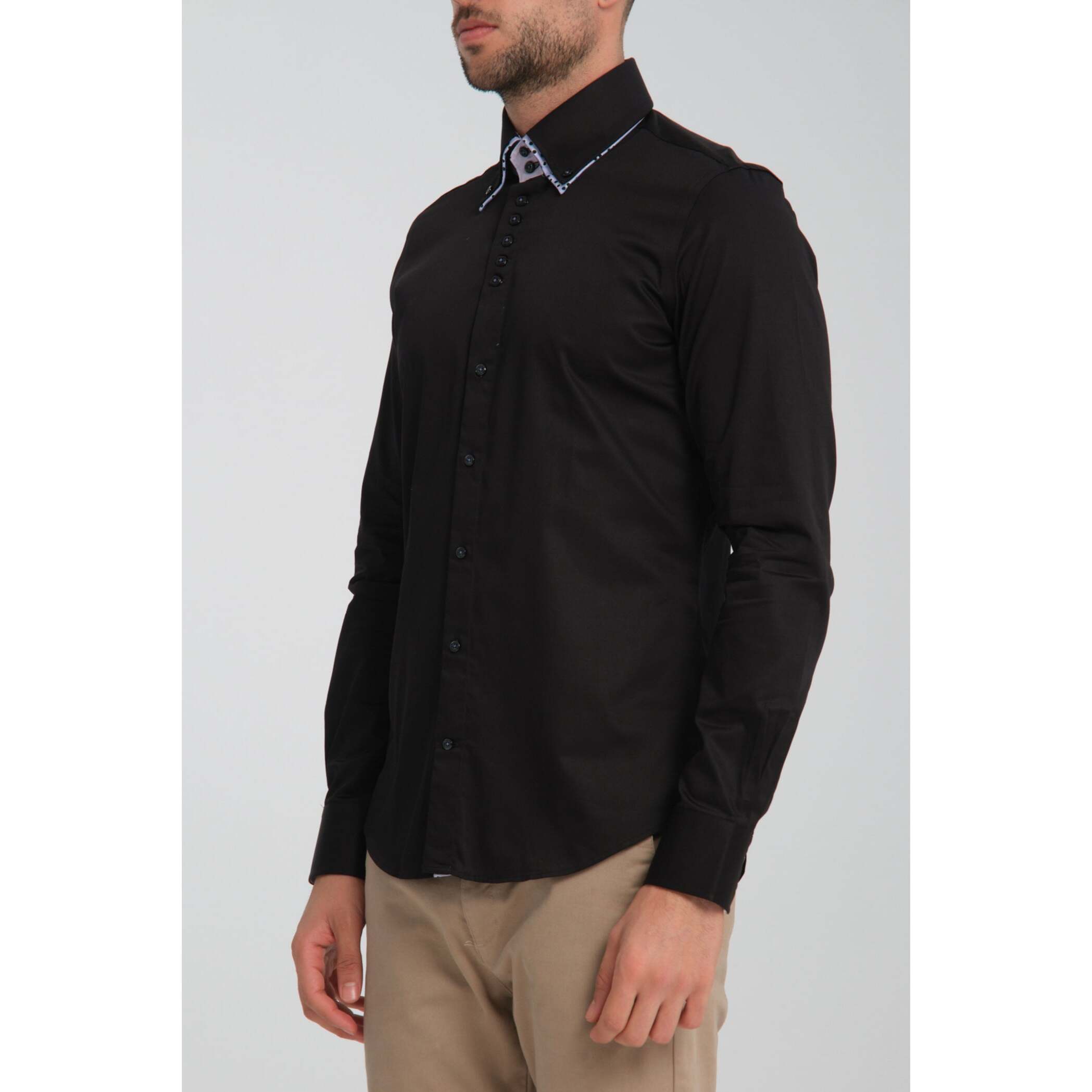 Camicia Uomo 2 Bottoni Button Down 7bottoni Doppio Coll Satin Unito Nero