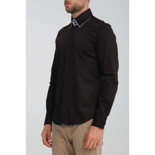 Camicia Uomo 2 Bottoni Button Down 7bottoni Doppio Coll Satin Unito Nero