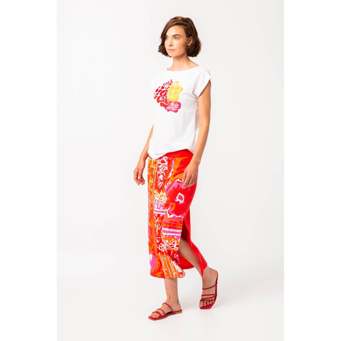 Mamatayoe Falda Amalgama para Mujer – Falda midi con abertura, con estampado abstracto y multicolor.Tallas S-XXL
