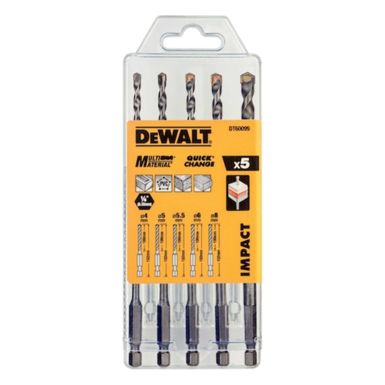 Coffret de 5 forets multi-matériaux impact diam : 4 5 5,5, 6 8 mm - DEWALT - DT60099-QZ