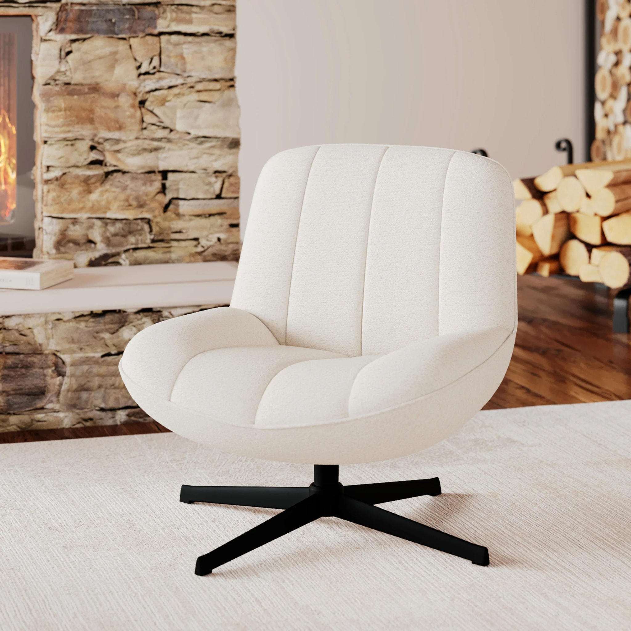 Fauteuil pivotant en tissu bouclé blanc cassé - Elvis