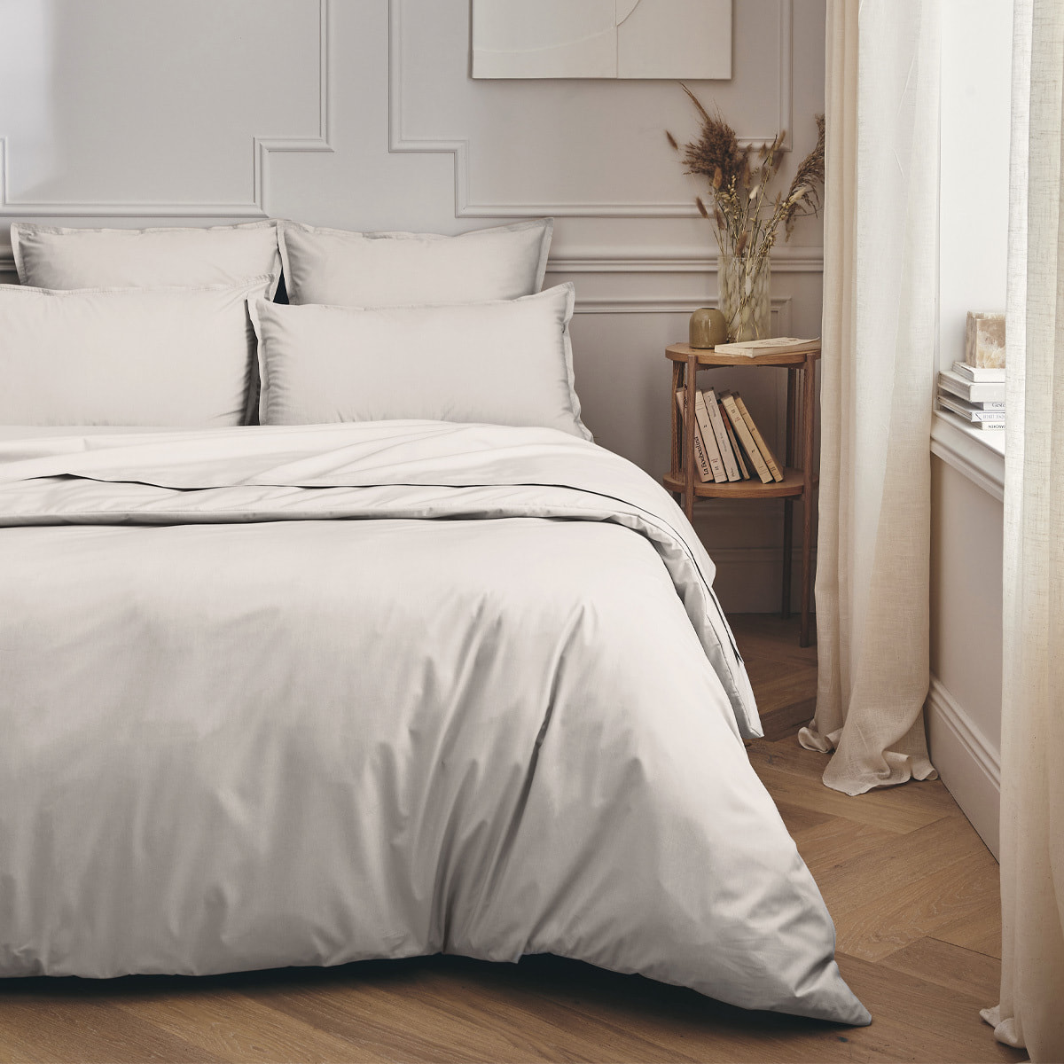 Parure de lit Housse de couette + Taies carrées en percale de coton, PREMIÈRE, Gris Perle
