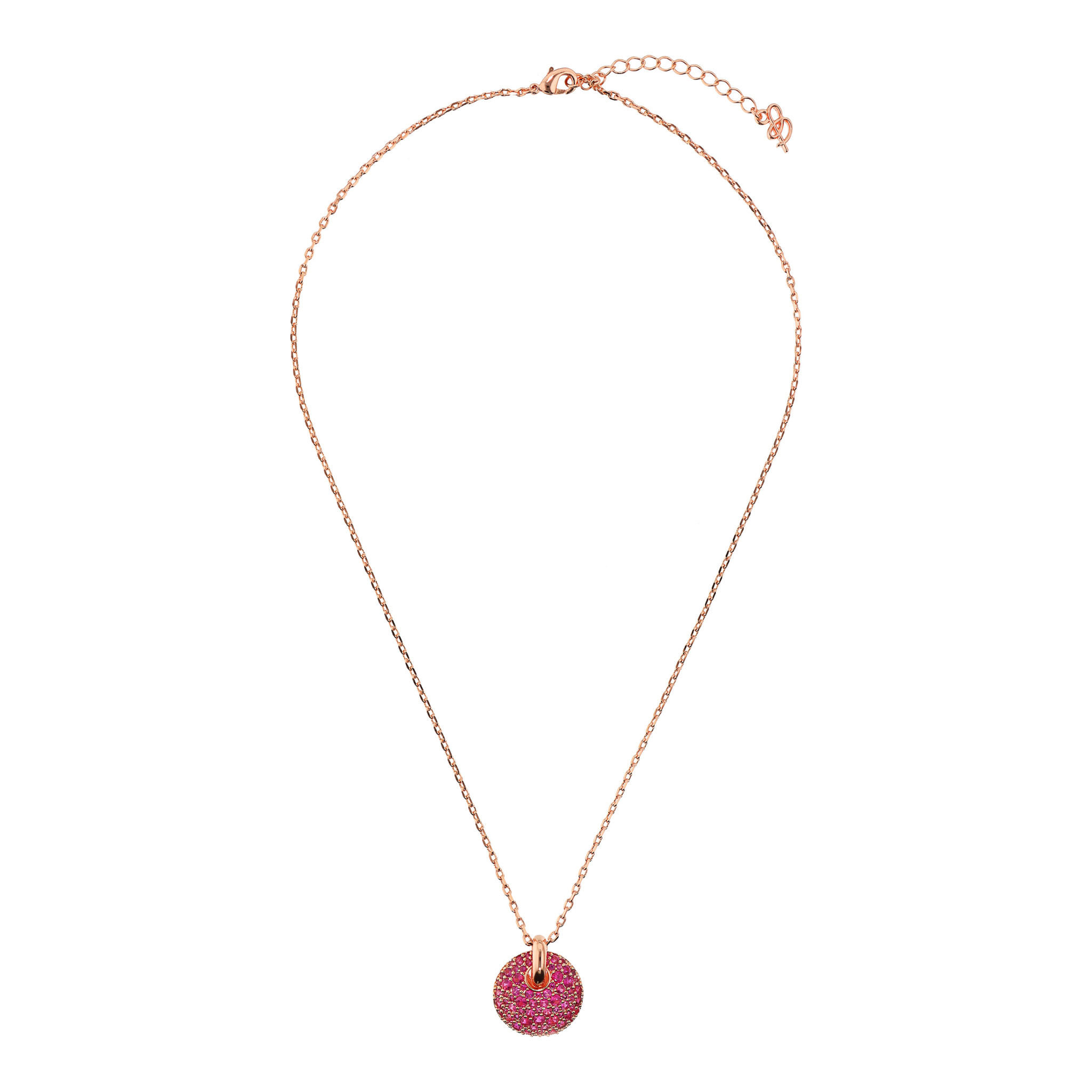 Collana Catena Rolo con Ciondolo Tondo Traforato e Pavé in Cubic Zirconia Fucsia