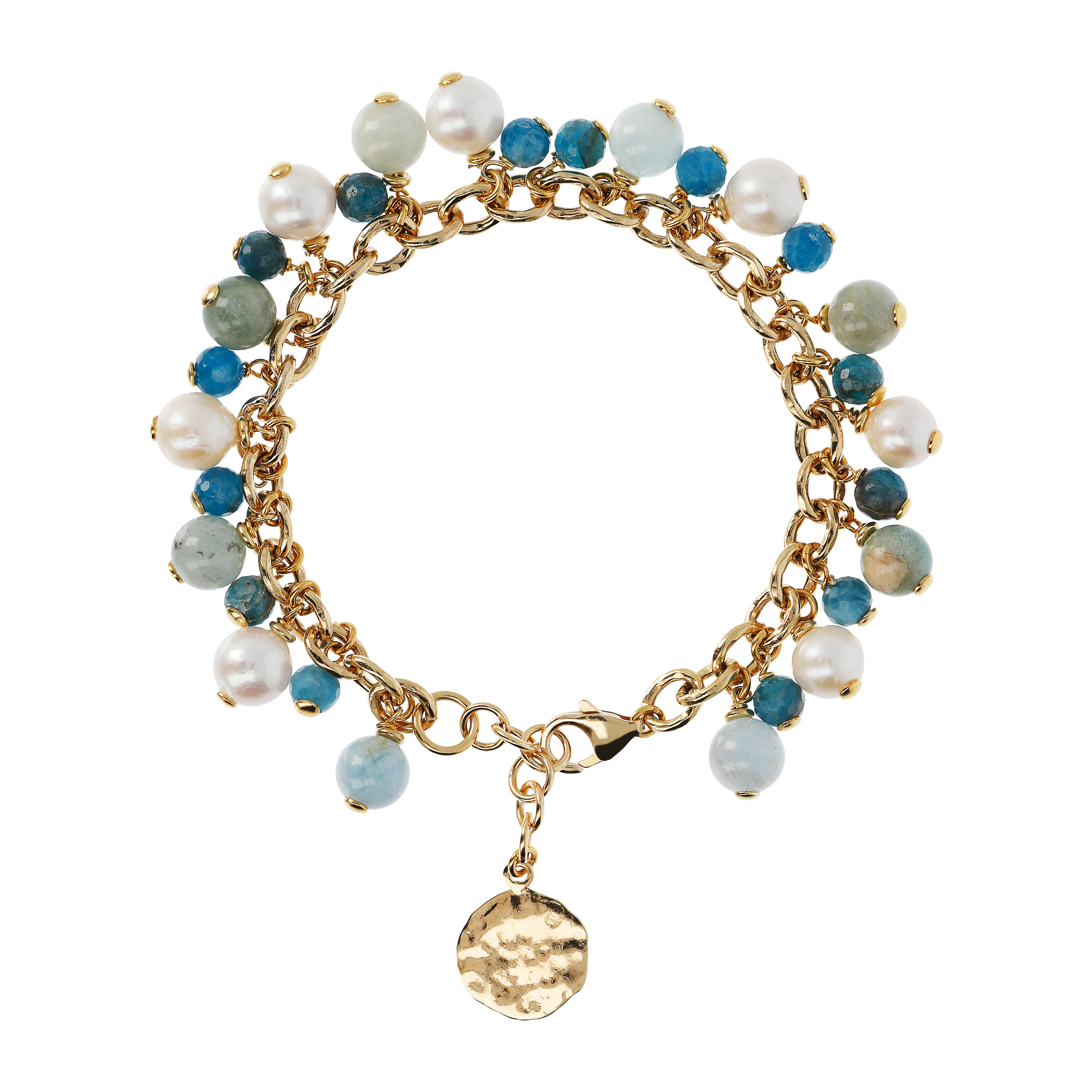 Bracciale Catena Rolo con Ciondoli in Acquamarina. Apatite Blu e Perle Bianche