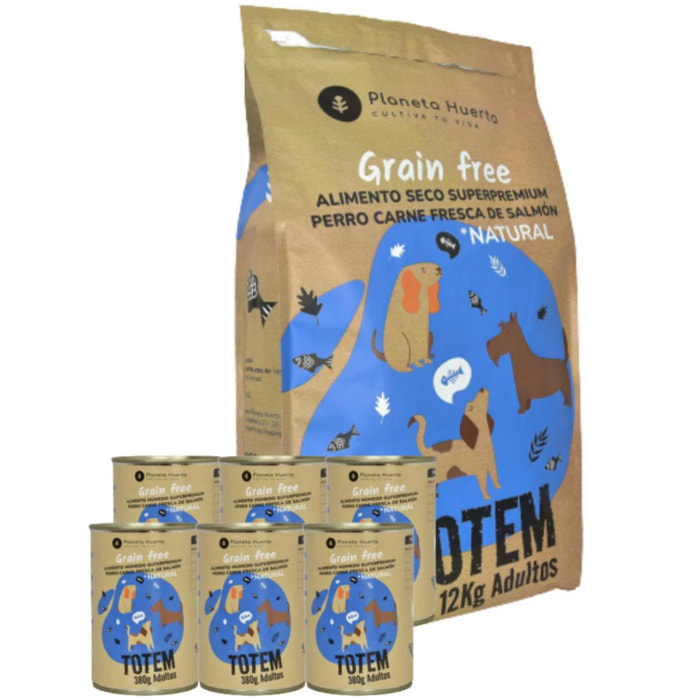 Pack Pienso + Comida Húmeda Perros Superpremium Salmón Planeta Huerto (12 kg + 6 ud)